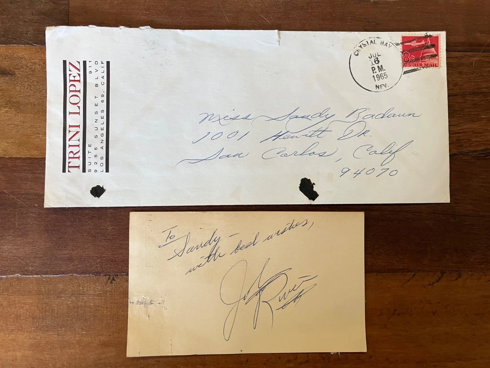 Trini Lopez — Trini Lopez Autograph on a Reprise Records Postcard July 1965 with orig envelope
