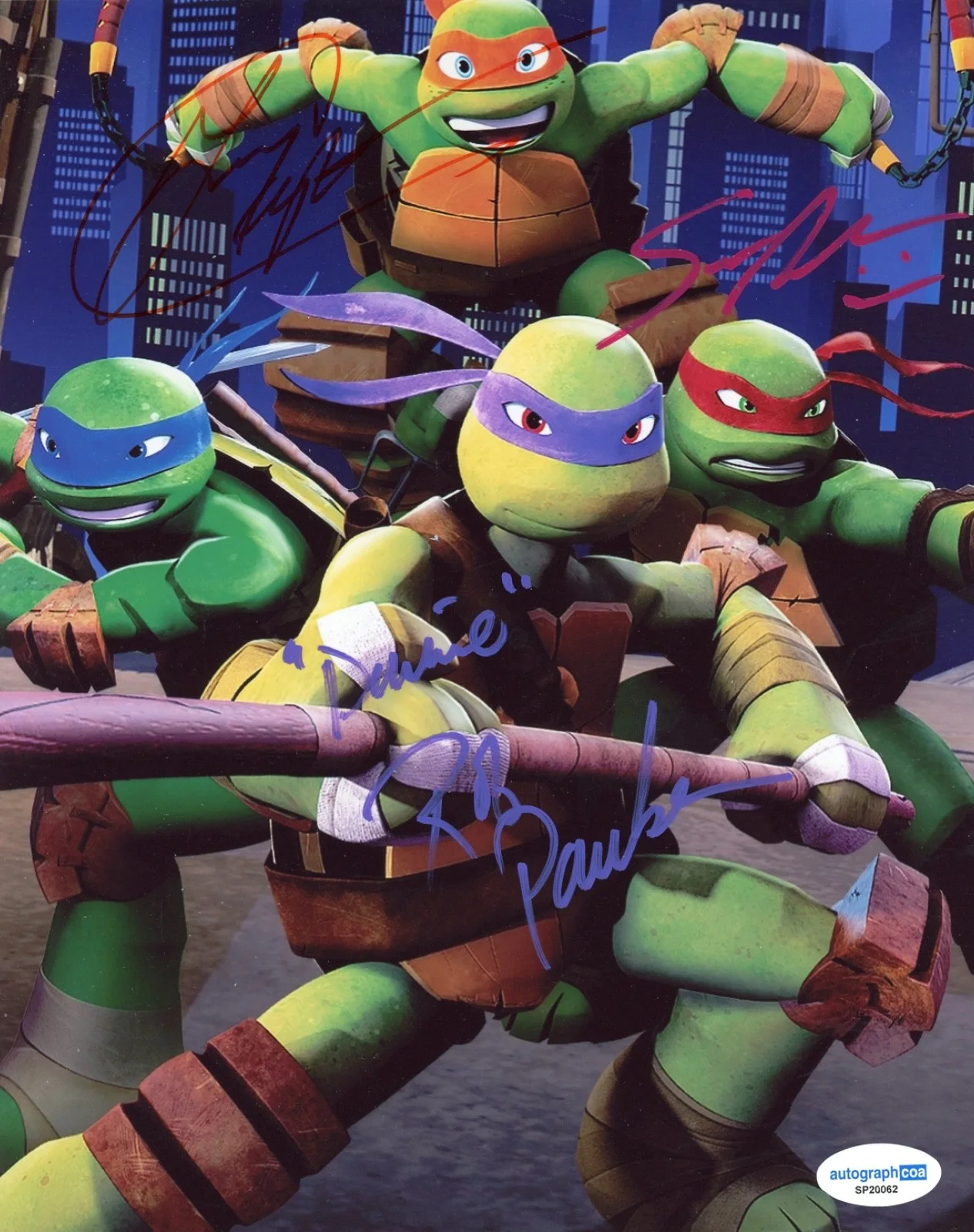 Sean Astin, Greg Cipes, Rob Paulsen — Teenage Mutant Ninja Turtles 2012 Cast Signed 8x10 Photo Sean Astin x3 TMNT ACOA