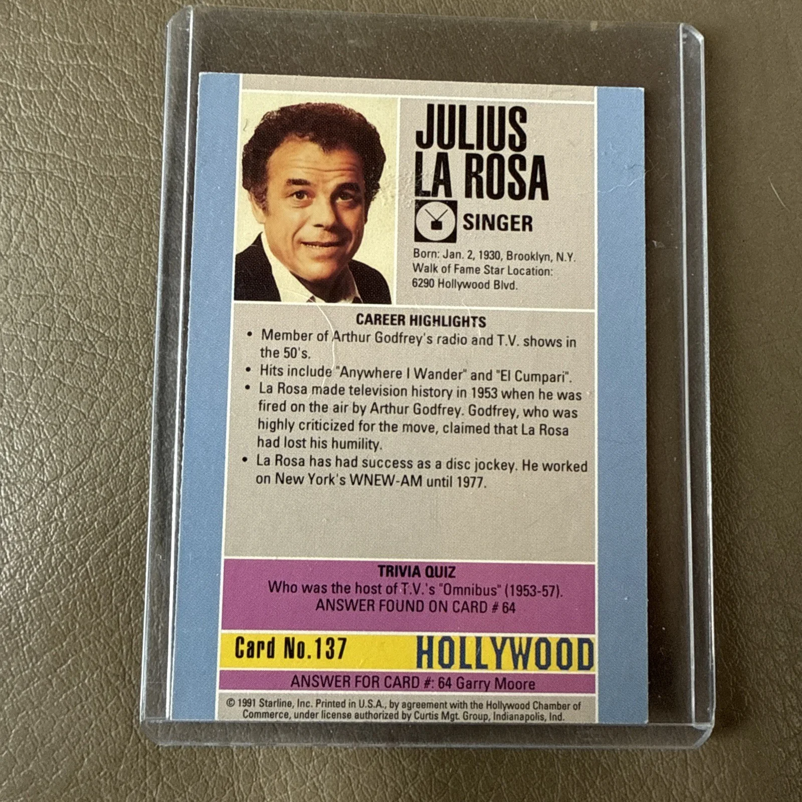 JULIUS LA ROSA (D-2016)("Eh, Cumpari") Signed 1991 "Hollywood Walk Of Fame" Card, изображение 3