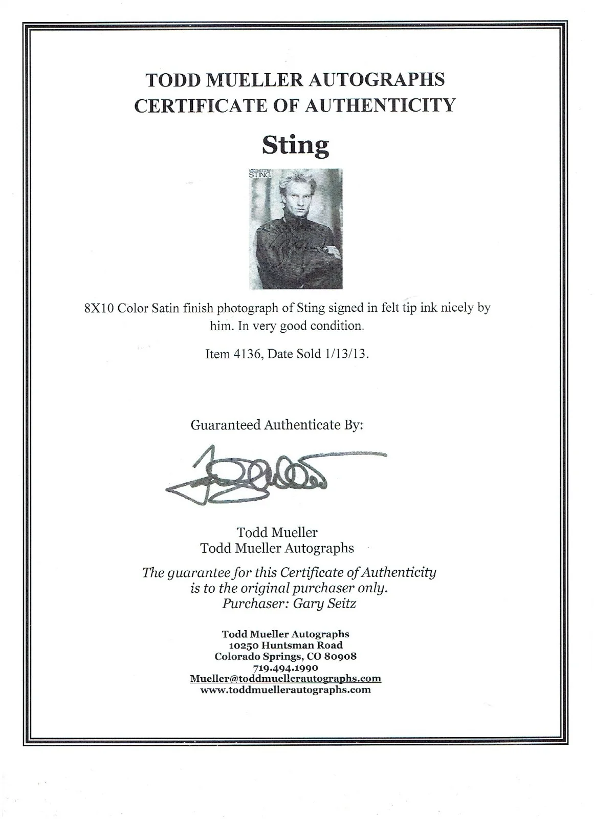 STING HAND SIGNED COLOR PHOTO 8x10 COA INCLUDED, image 3