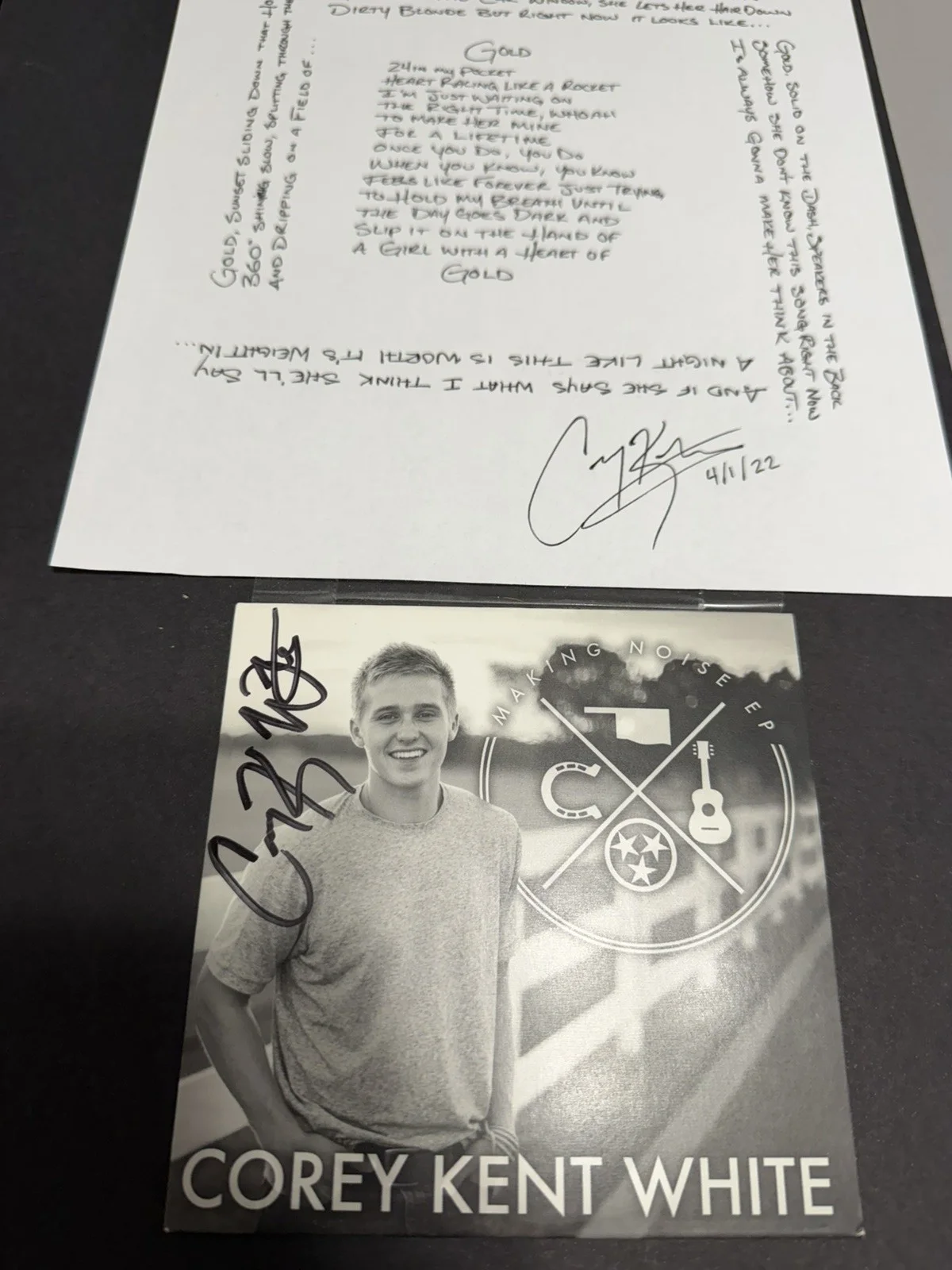Corey Kent LOT- Autographed Print, CD, Lyrics, Set List Handwritten, image 2