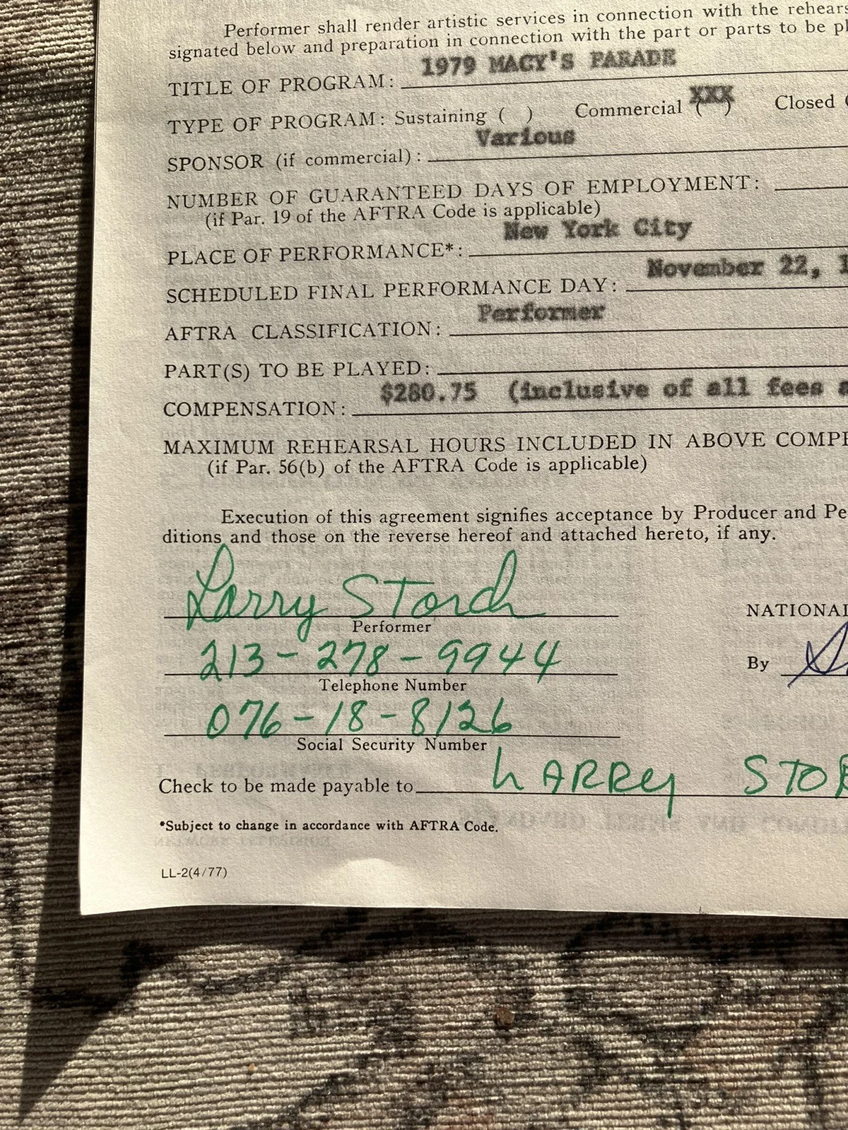 Larry Storch — 1979 MACY'S THANKSGIVING DAY PARADE CONTRACT - LARRY STORCH SIGNED F TROOP, image 2