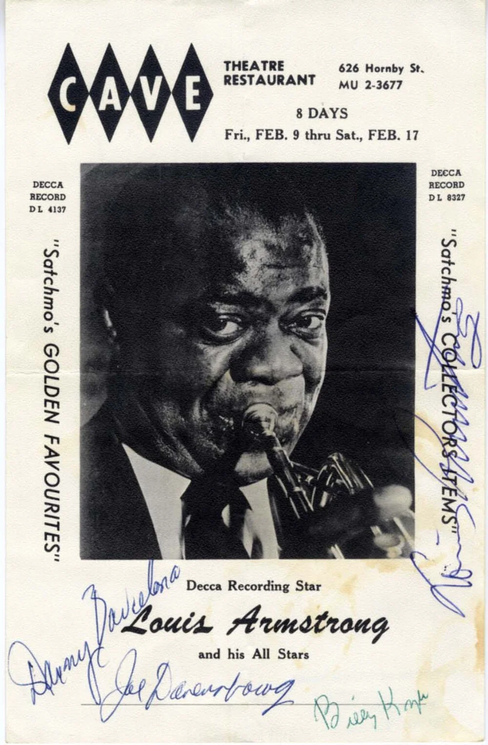 JAZZ TRUMPETER Louis Armstrong & Band Members autographs, signed vintage program, image 2