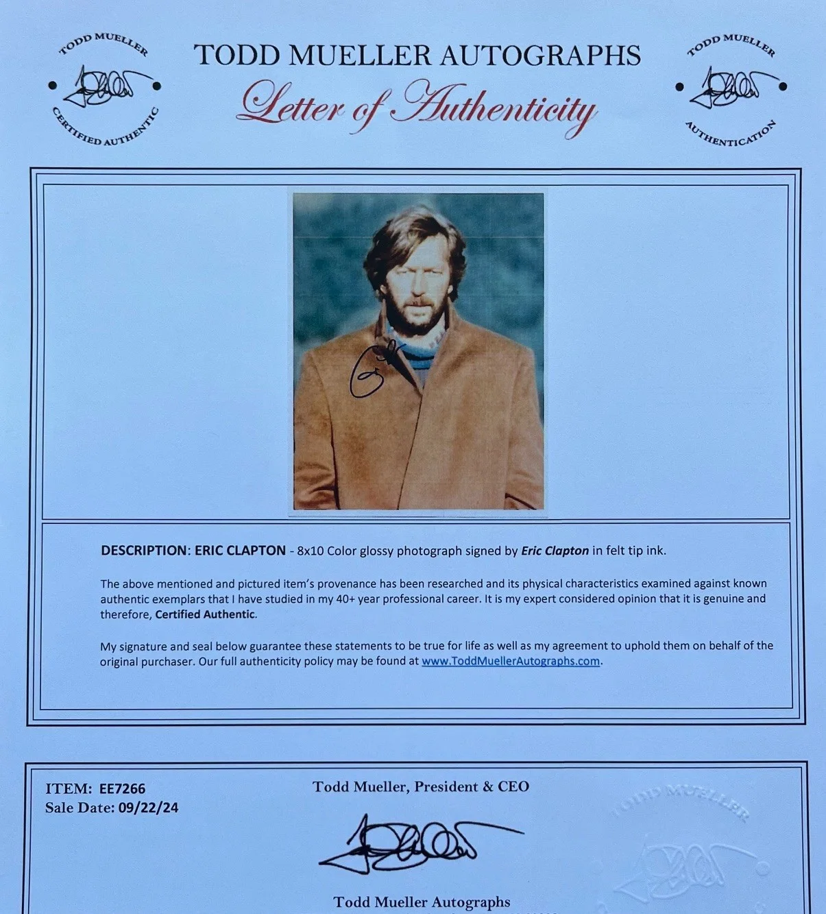 ERIC CLAPTON signed 8"x 10" autographed color photo TODD MUELLER LOA, изображение 4