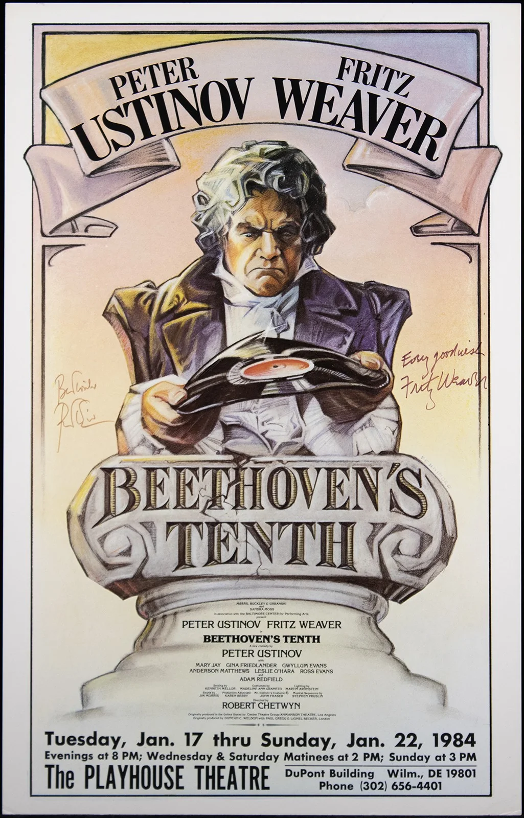 Peter Ustinov, Fritz Weaver — BEETHOVEN'S TENTH - PLAY CAST - AUTOGRAPHED SIGNED POSTER CIRCA 1984 WITH CO-SIG