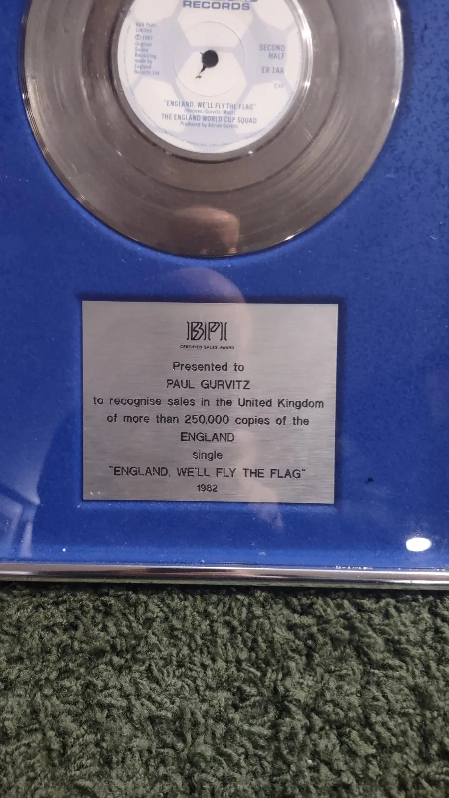 England 1982 Record Award For Football Presented to And Signed By Paul Gurvitz, image 2