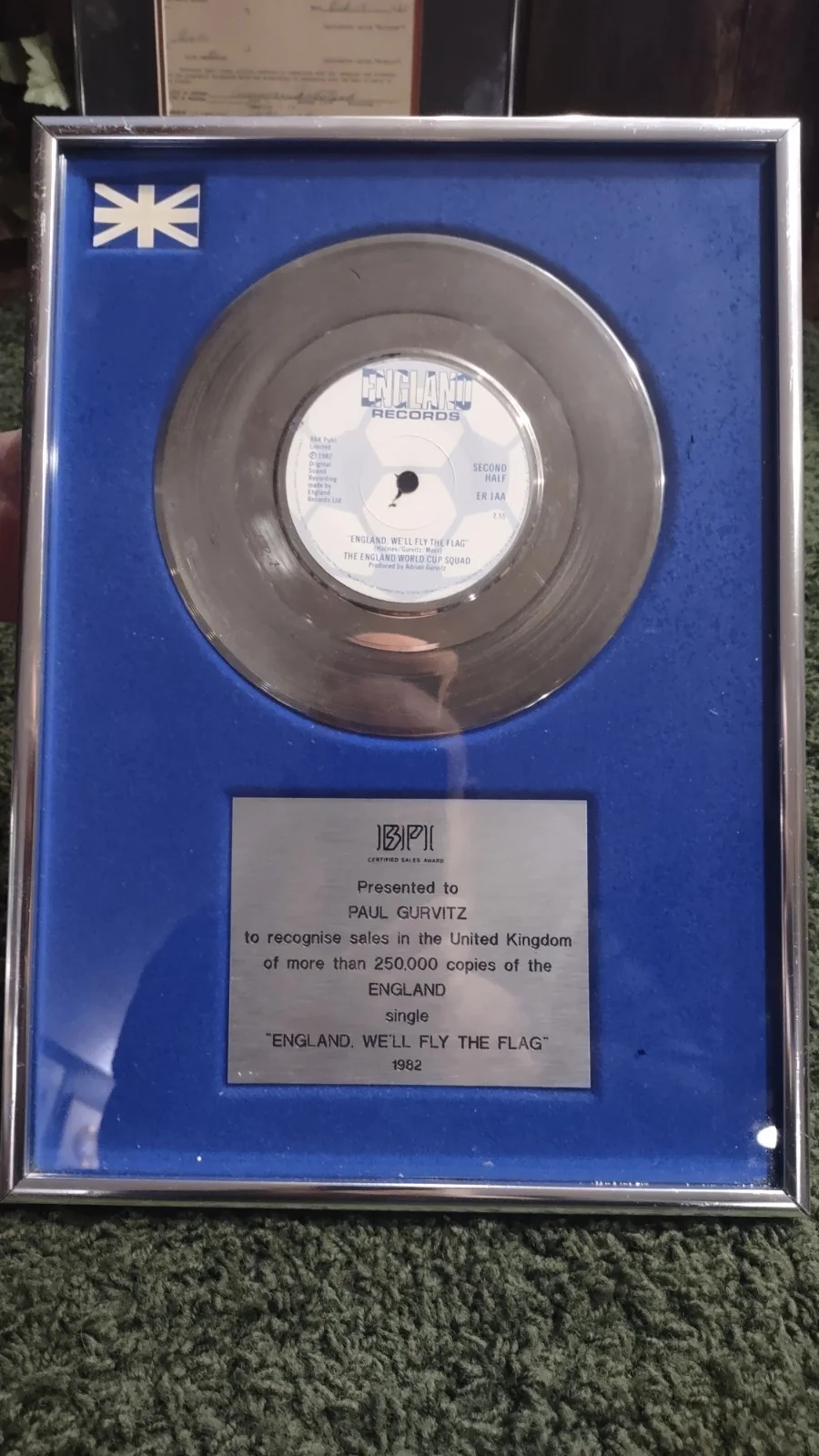 England 1982 Record Award For Football Presented to And Signed By Paul Gurvitz, image 3