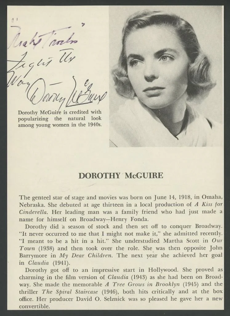 Dorothy McGuire — DOROTHY McGUIRE (1916-2001) signed 5x7 clipping | "Old Yeller" - autograph