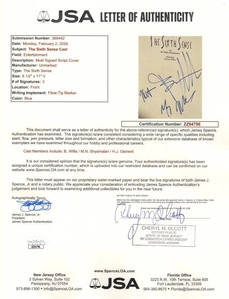 Haley Joel Osment, M Night Shyamalan, Bruce Willis — Bruce Willis Haley Joel Osment +1 Signed Autograph Sixth Sense Script JSA COA, image 2