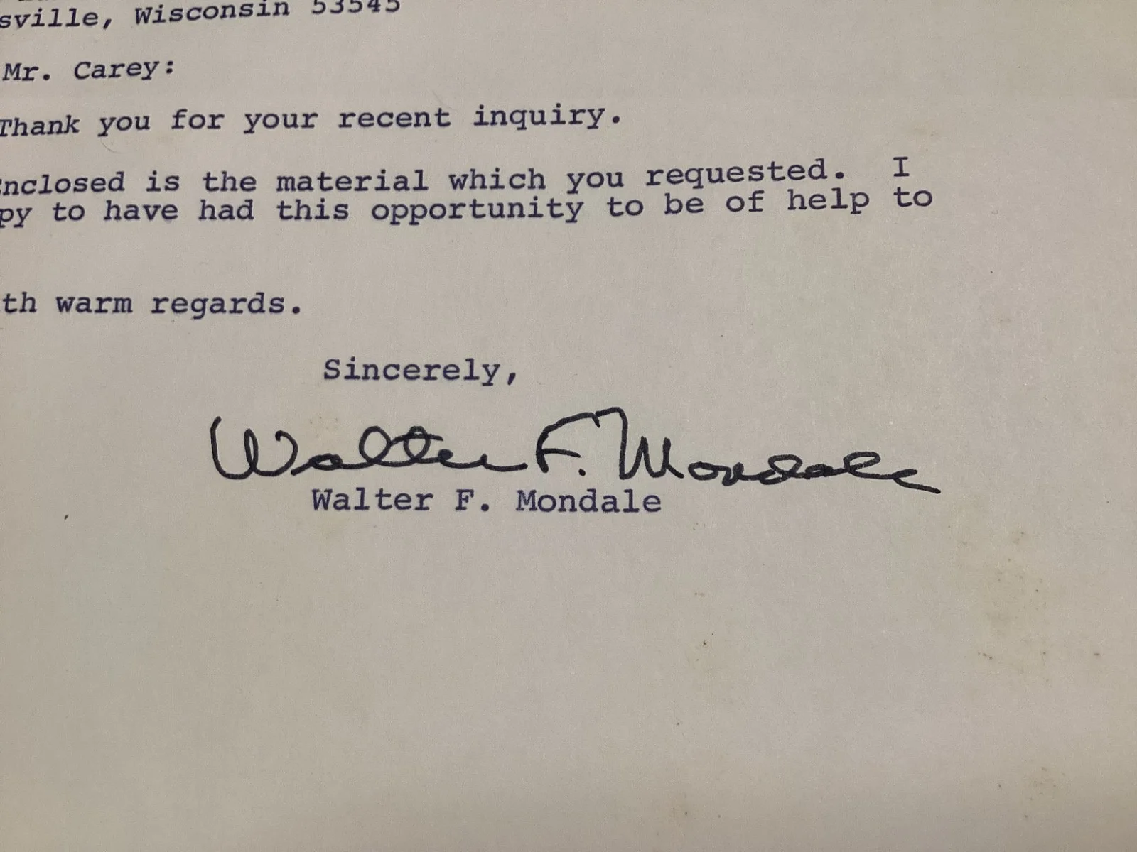 WALTER MONDALE — WALTER MONDALE VICE PRESIDENT & US SENATOR 1928-2021 - AUTO SIGNED LETTER 1973, image 2