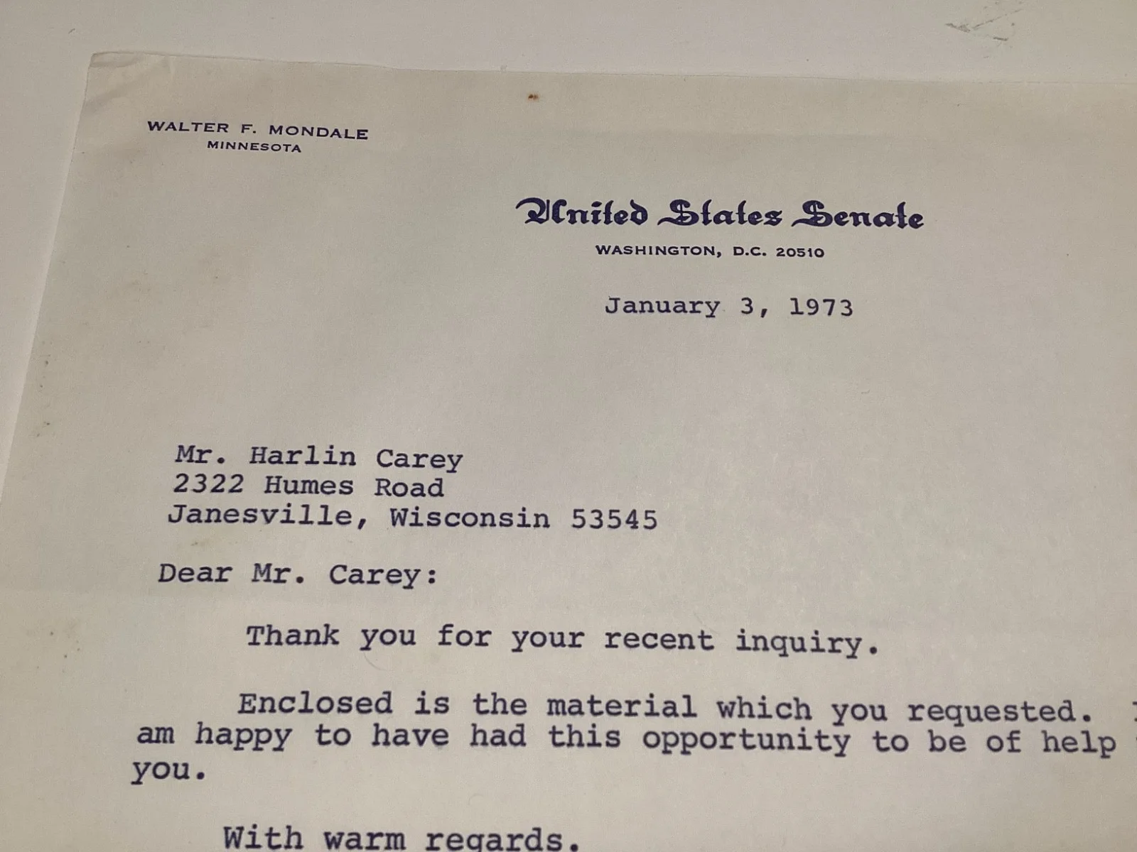 WALTER MONDALE — WALTER MONDALE VICE PRESIDENT & US SENATOR 1928-2021 - AUTO SIGNED LETTER 1973, image 3