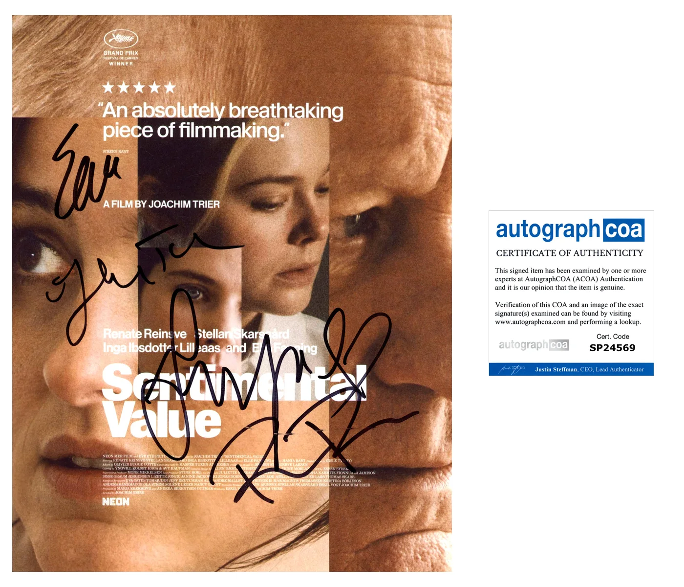 Renate Reinsve, Elle Fanning — Elle Fanning Joachim Trier 4 Cast Signed SENTIMENTAL VALUE 8x10 Photo ACOA A