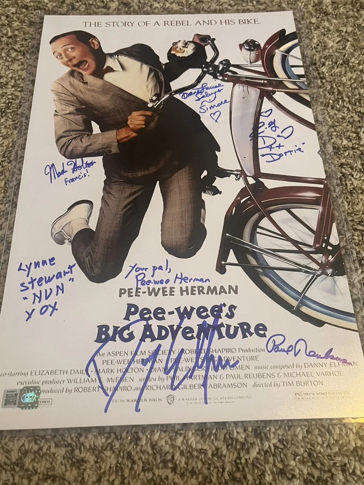 Paul Reubens — Pee-wee's Big Adventure Cast Hand Signed 11 x 17 Photo 6 Signatures Autograph