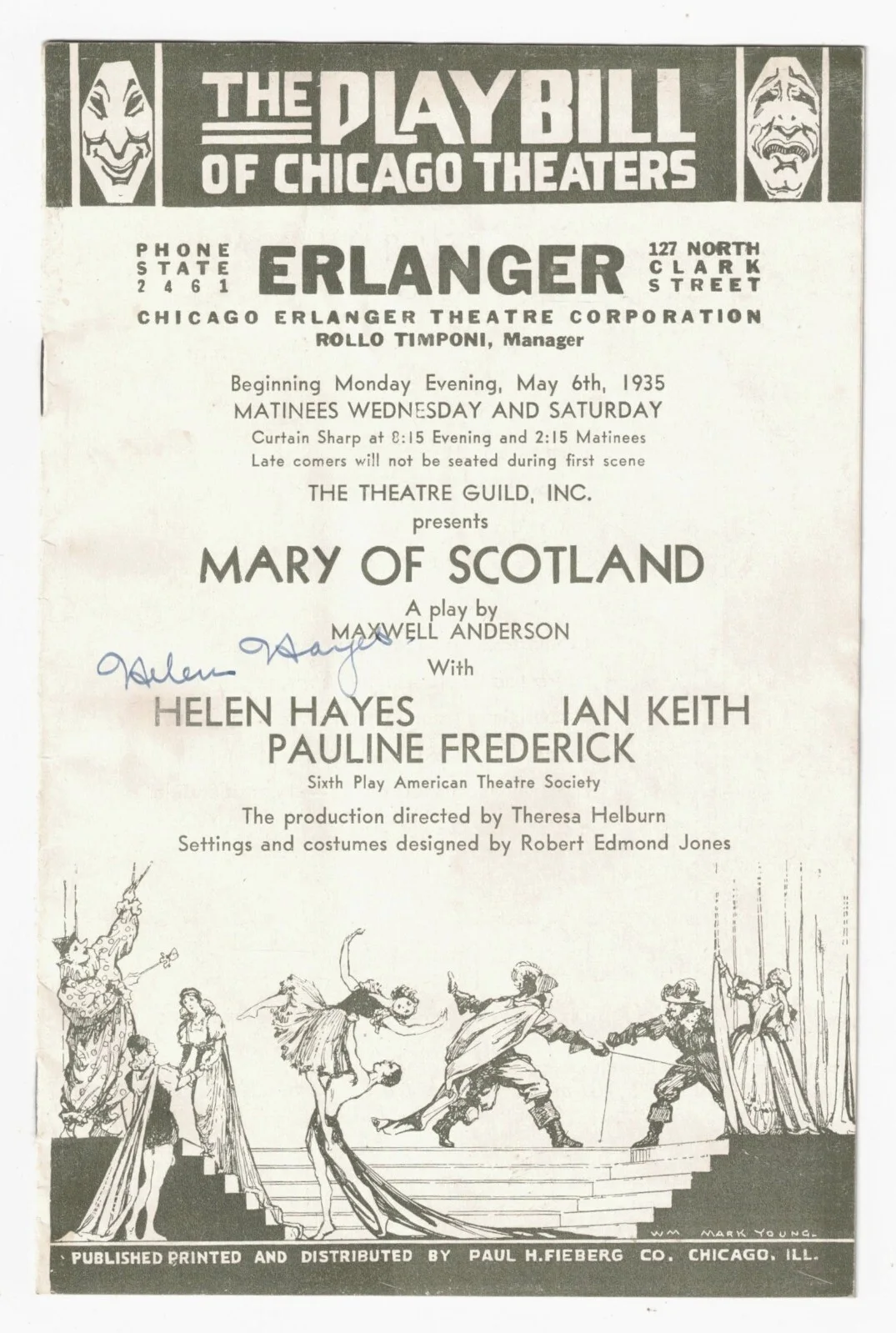 Helen Hayes — Mary of Scotland 1935 Chicago Playbill SIGNED by Helen Hayes w/ Ticket Autograph