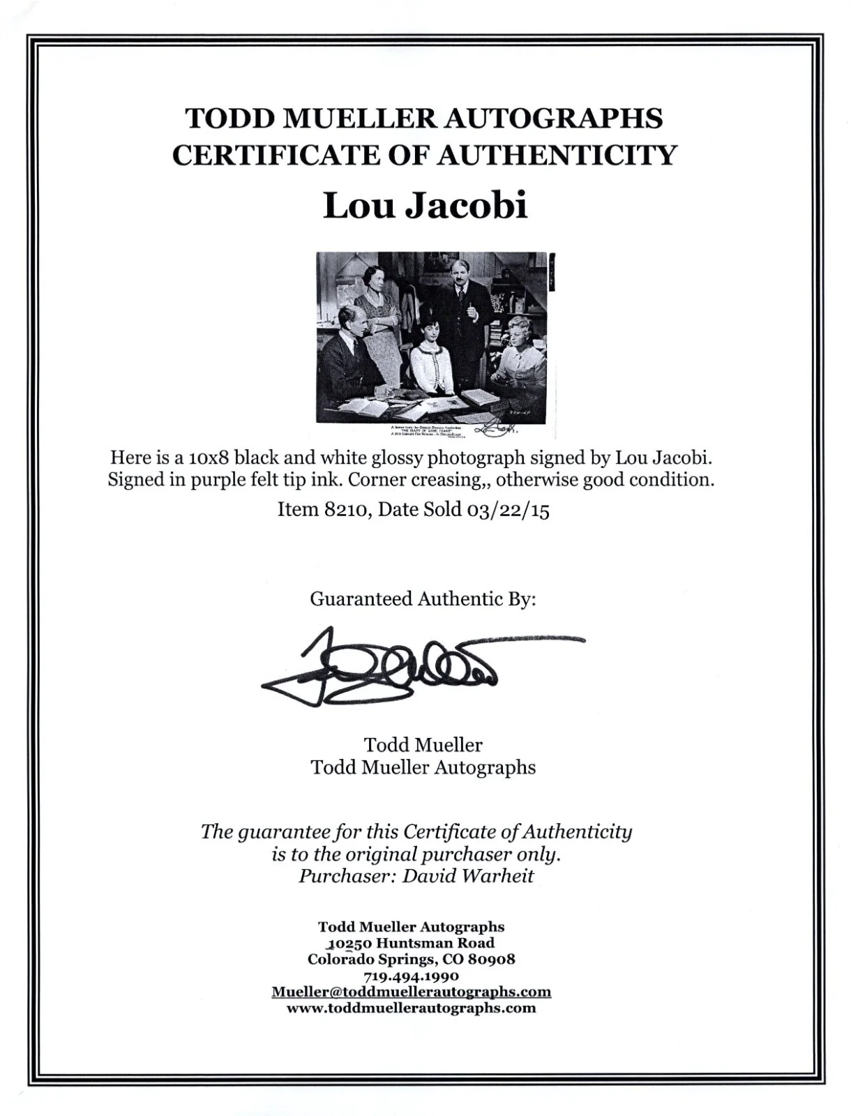 LOU JACOBI HAND SIGNED AUTOGRAPHED 8x10 PHOTO "THE DIARY OF ANNE FRANK", изображение 2