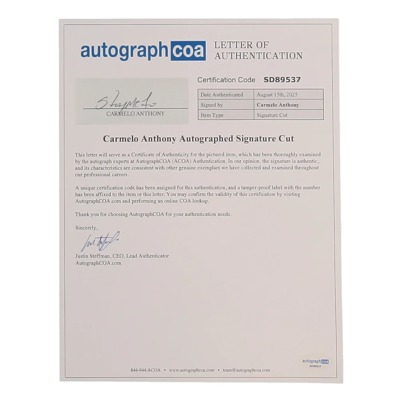Carmelo Anthony — Carmelo Anthony Signed New York Knicks Custom Matted Cut Display (ACOA), image 2