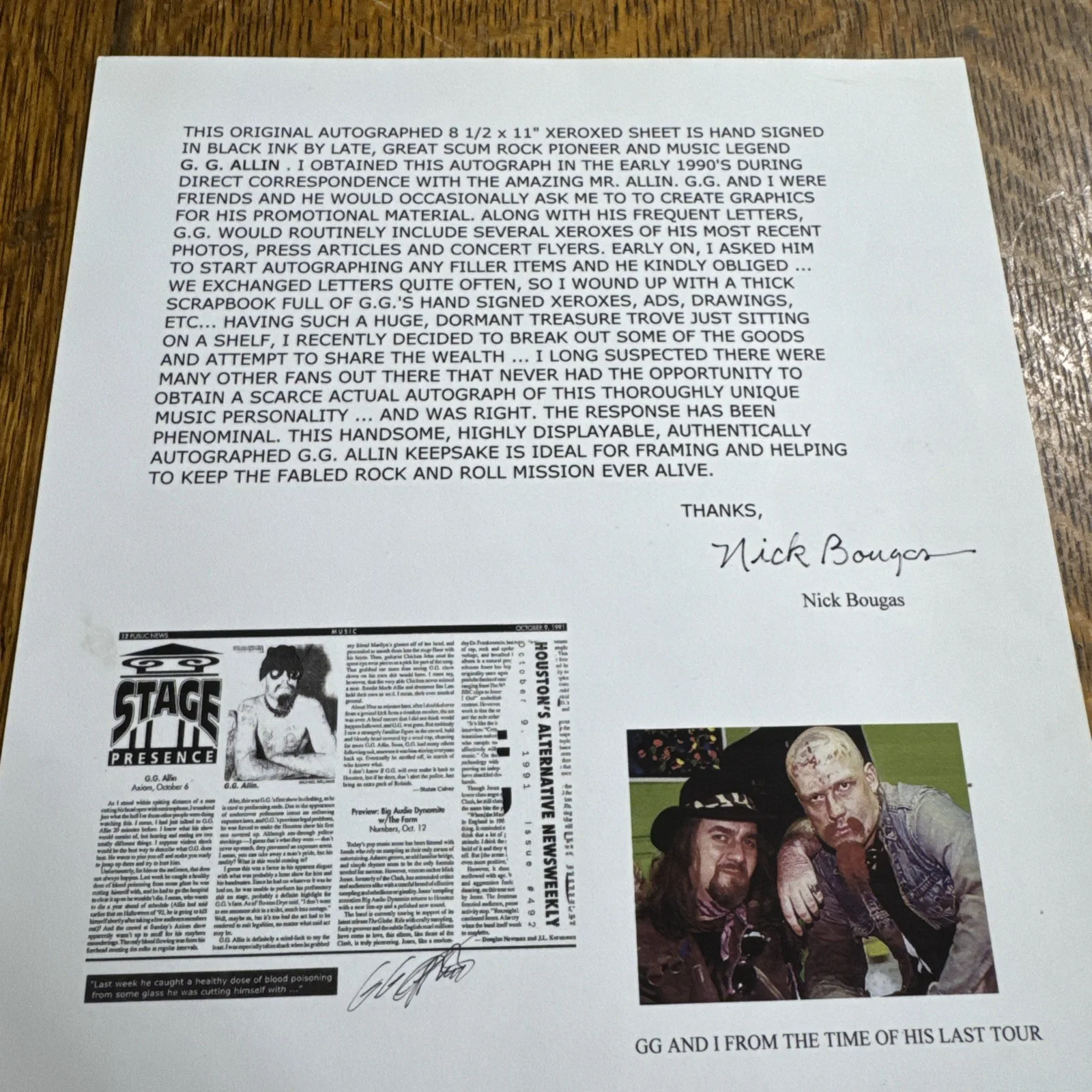 GG Allin Signed paper-WITH PAPERWORK-Not COPY- RARE-Authentic-RARE, image 3