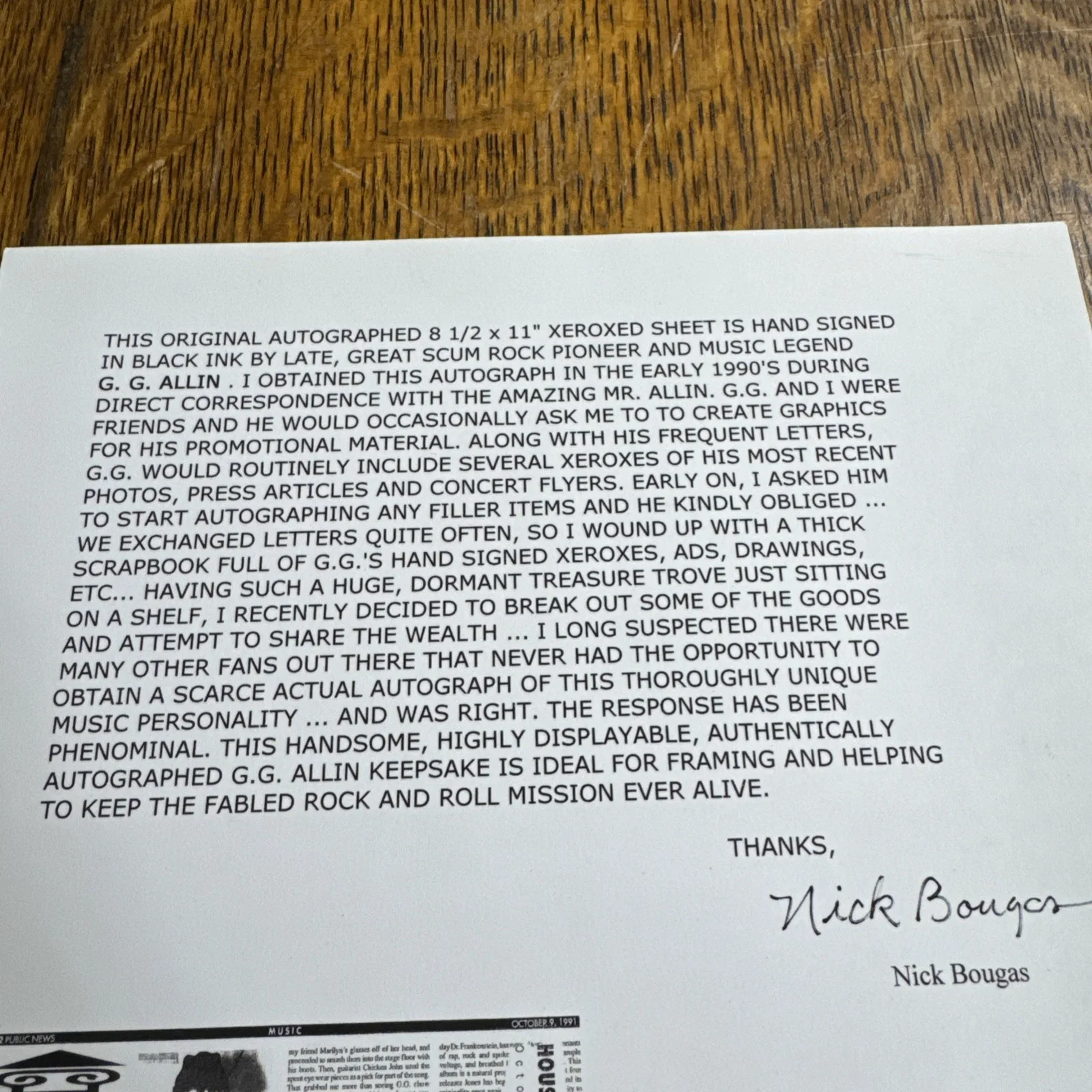 GG Allin Signed paper-WITH PAPERWORK-Not COPY- RARE-Authentic-RARE, image 4
