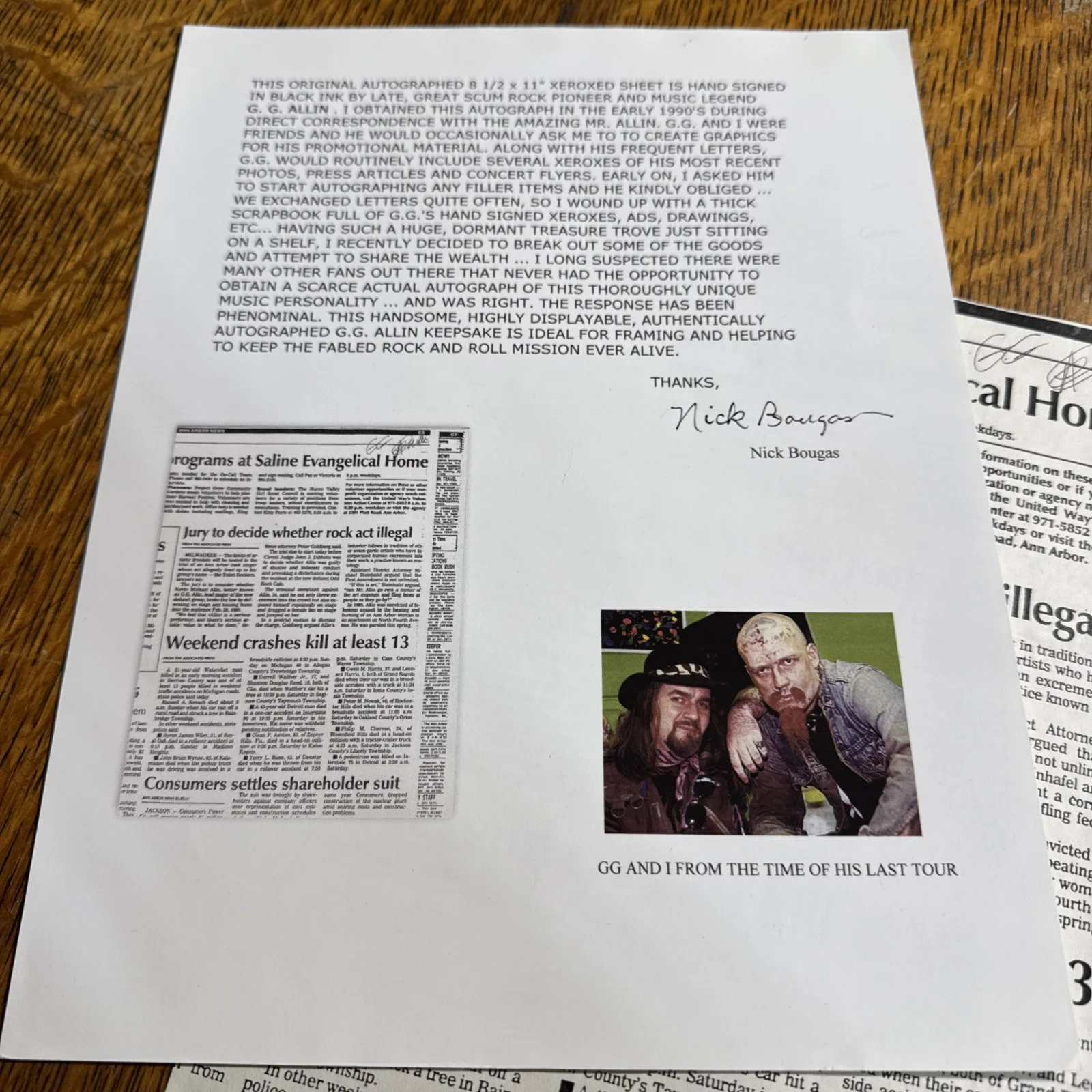 GG Allin Signed paper-WITH PAPERWORK-Not COPY- RARE-Authentic-RARE, image 3