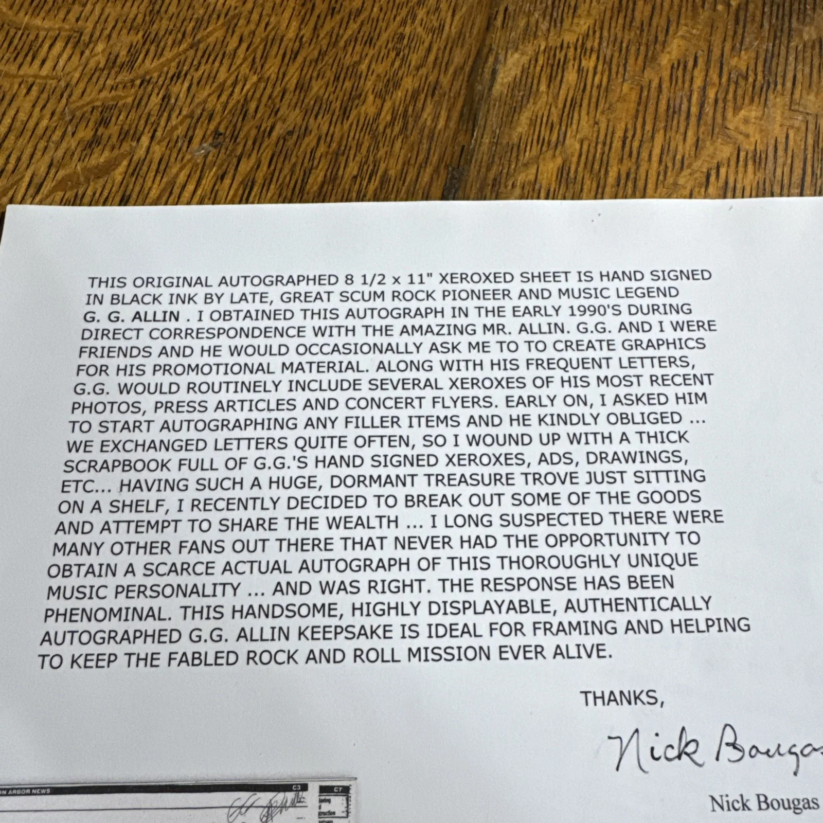 GG Allin Signed paper-WITH PAPERWORK-Not COPY- RARE-Authentic-RARE, image 4