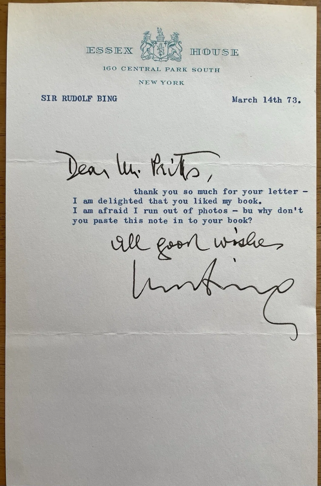 General Manager of the Metropolitan Opera Rudolf Bing Autograph Letter, изображение 2