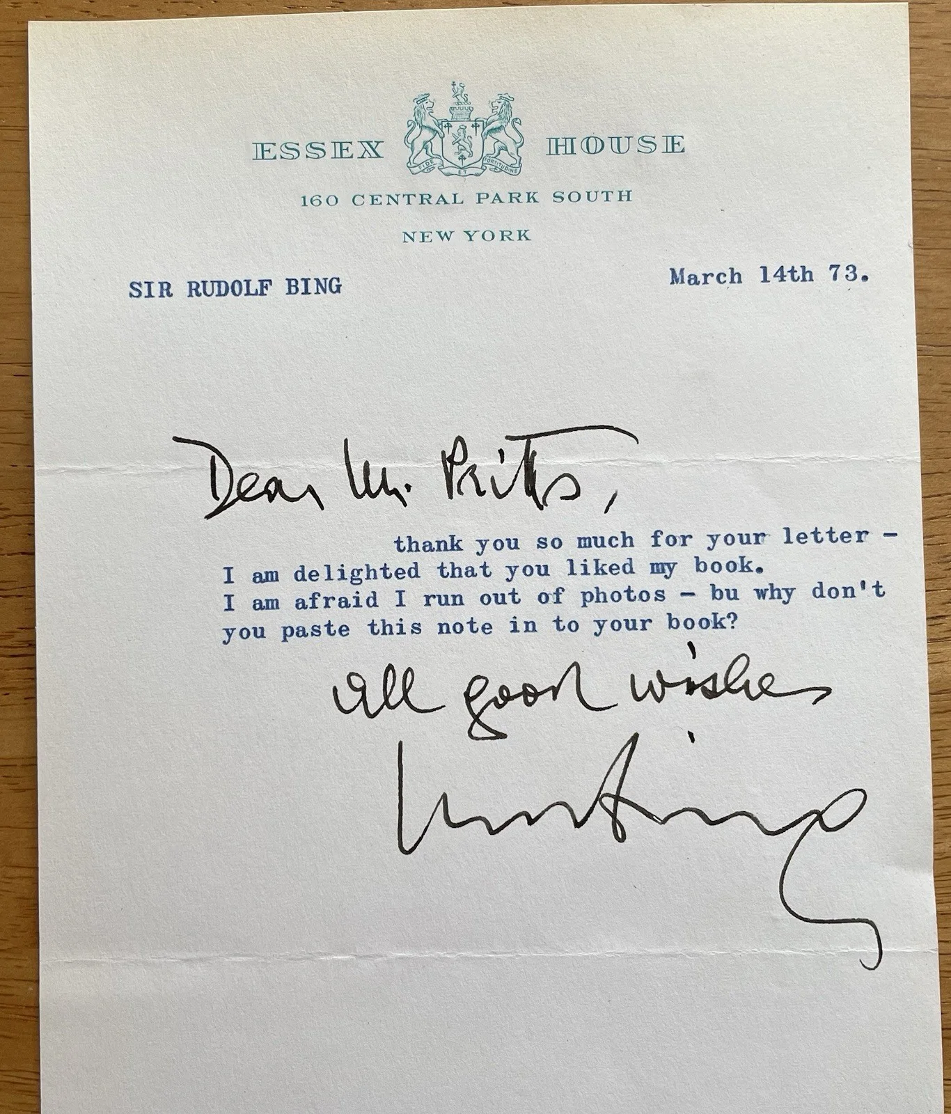 General Manager of the Metropolitan Opera Rudolf Bing Autograph Letter, изображение 5
