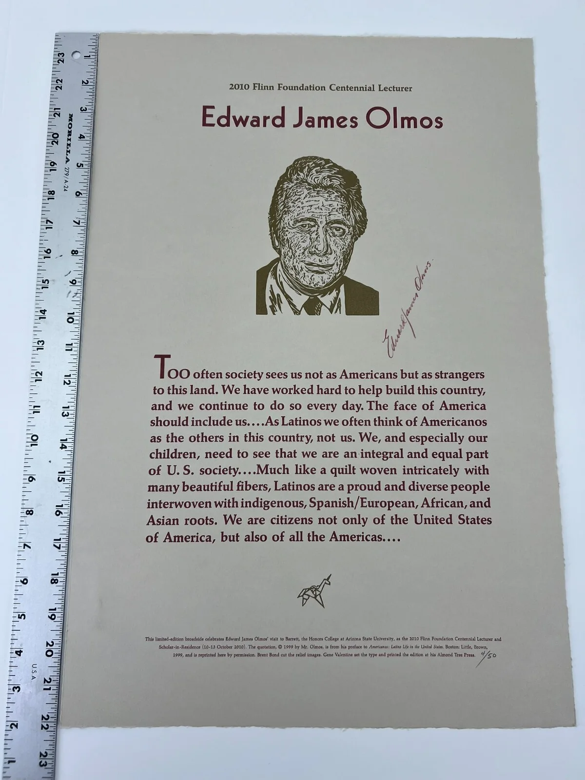 Edward James Olmos — Edward James Olmos Signed 2010 Flinn Foundation Centennial Lecturer Broadside, image 2