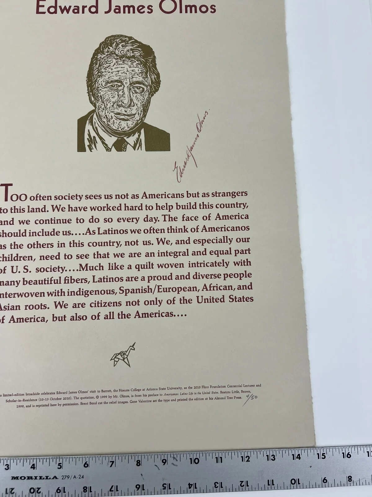 Edward James Olmos — Edward James Olmos Signed 2010 Flinn Foundation Centennial Lecturer Broadside, image 3