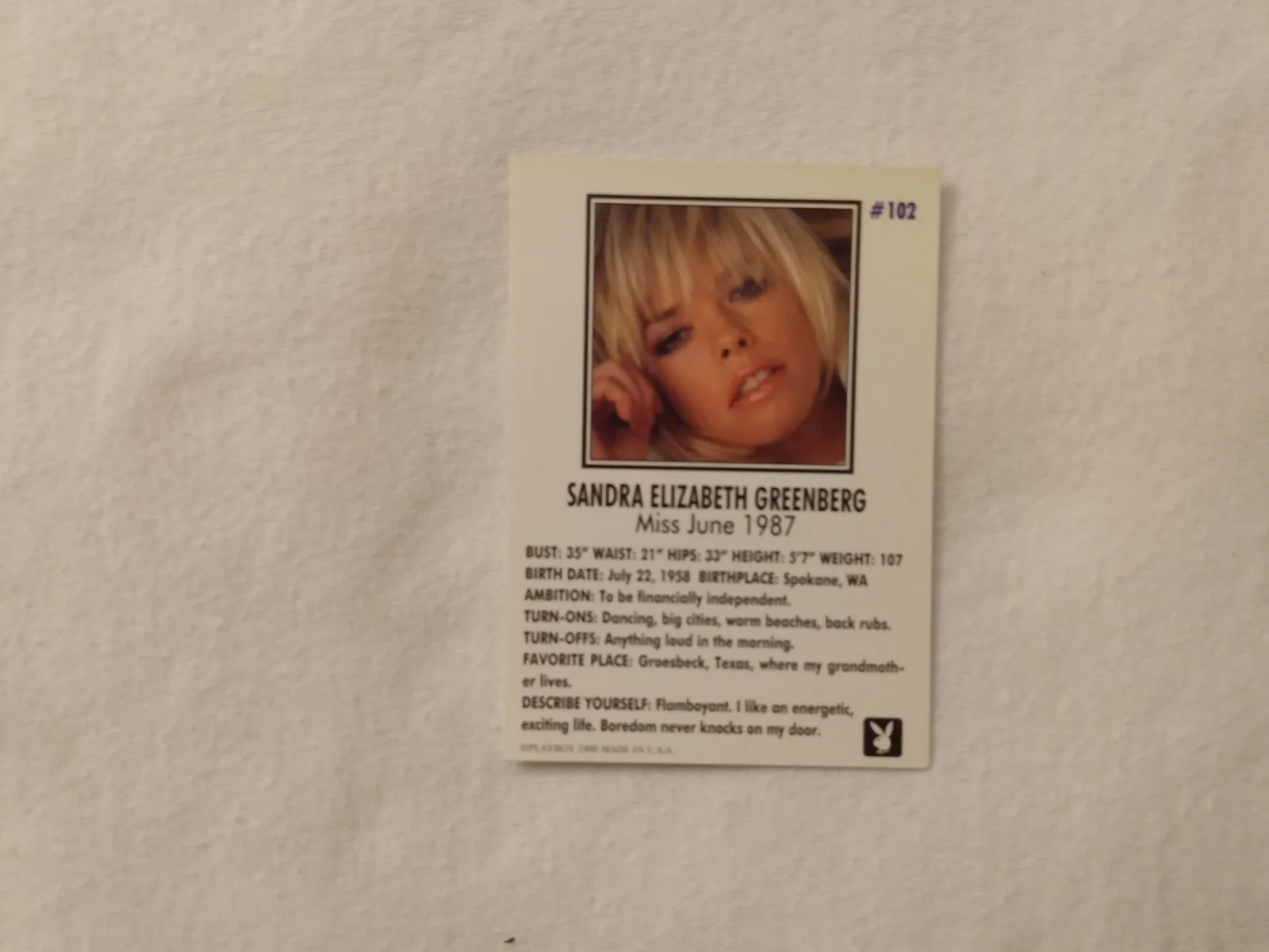 SANDRA GREENBERG — 1996 PLAYBOY JUNE ED.PLAYMATE OF THE MONTH SANDRA GREENBERG AUTOGRAPHED CARD