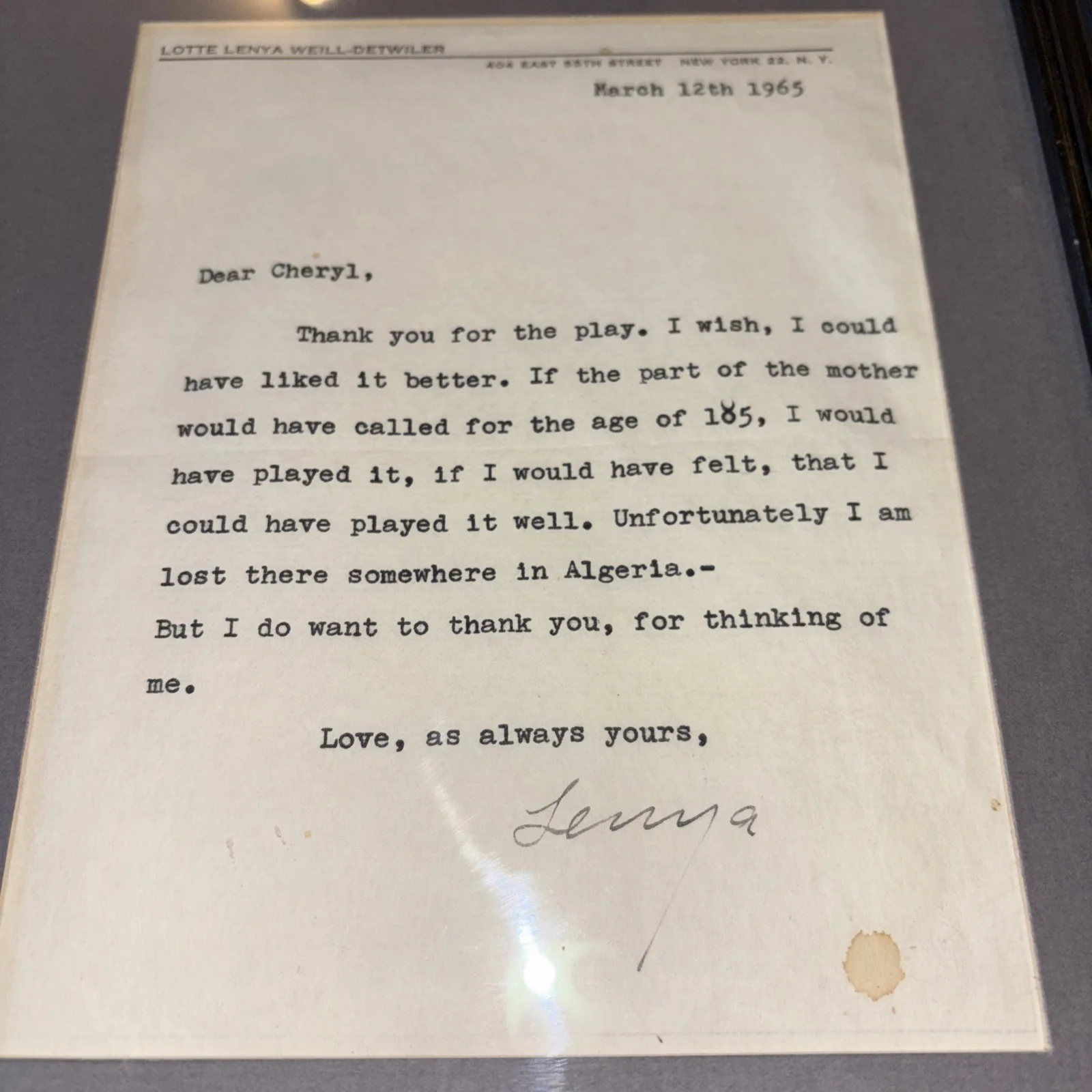 LOTTE LENYA T.L.S SIGNED AUTOGRAPH On Letterhead Framed 007 Bond Actress, image 3