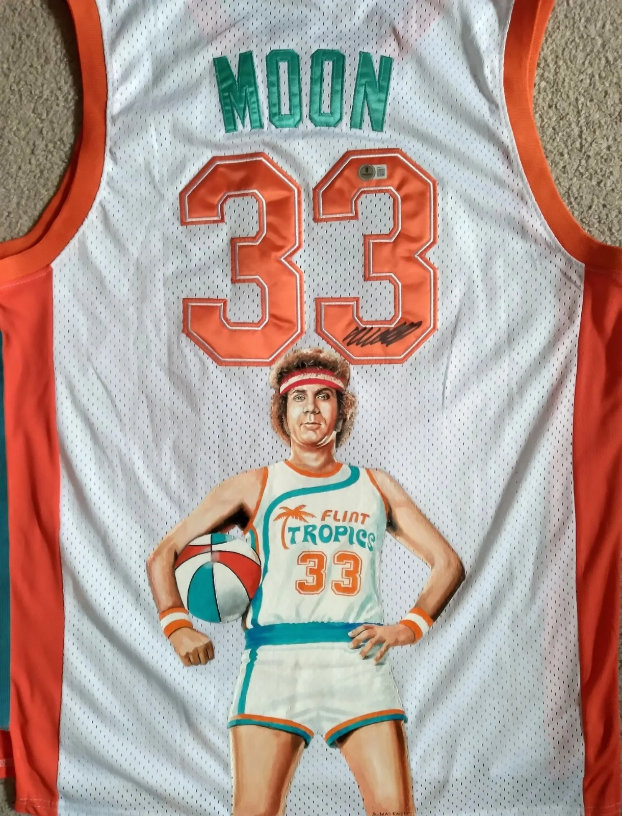 1/1 Hand Painted WILL FERRELL SIGNED JACKIE MOON JERSEY SEMI PRO BAS, image 3