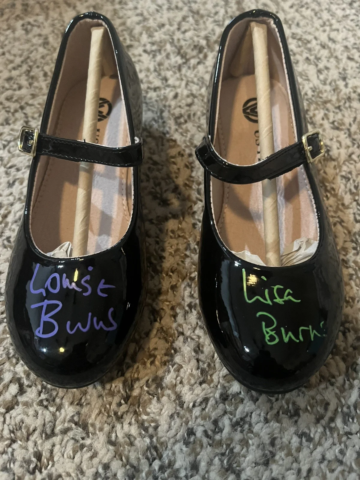 Lisa & Louise Burns — Lisa & Louise Burns dual signed black shoes The Shining Grady Twins Beckett COA