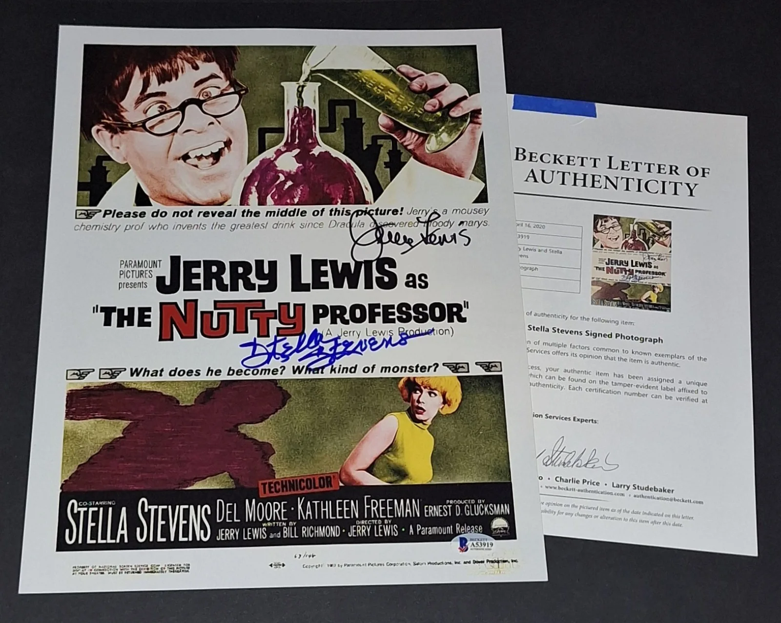 Jerry Lewis and Stella Stevens — Jerry Lewis and Stella Stevens Signed Autographed 11x14 Nutty Professor Beckett