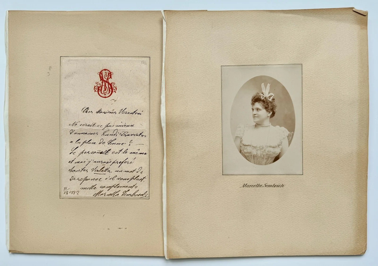 Marcella Sembrich Autograph Letter Signed Metropolitan Opera & Photograph 1887, изображение 2
