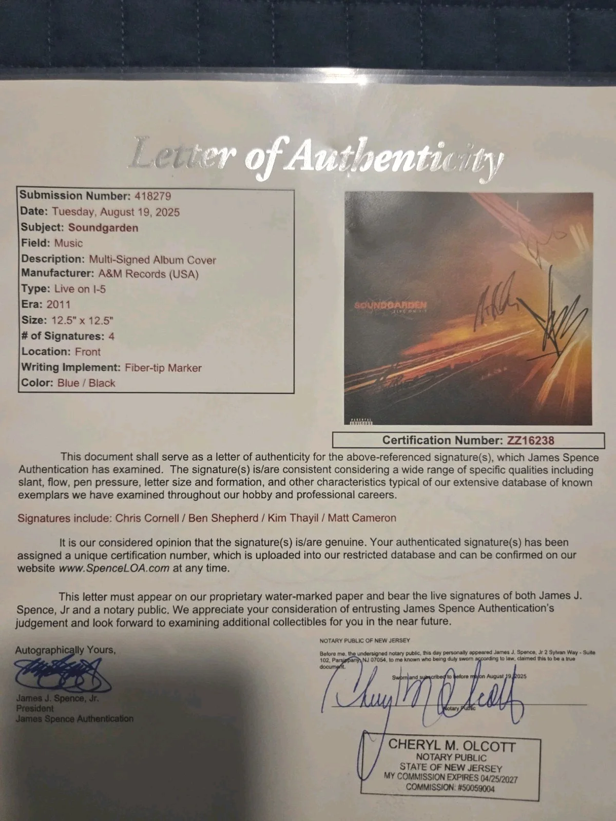 SOUNDGARDEN/CHRIS CORNELL SIGNED Live I-5 LP FULL BAND AUTOGRAPHED JSA COA LOA, image 3