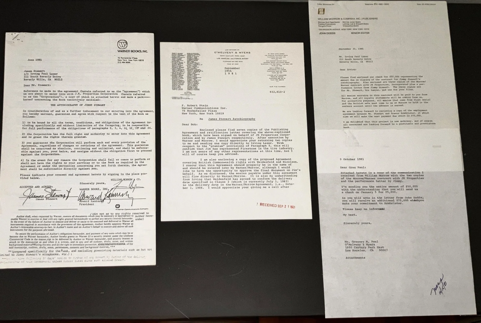 James Stewart — JAMES STEWART (6/81) Stewart-Signed Contract for Autobiography + Correspondence!