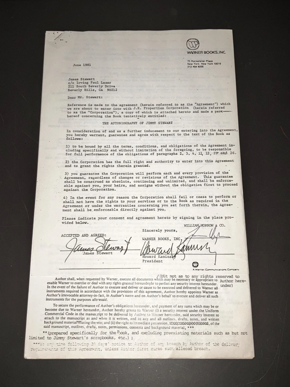 James Stewart — JAMES STEWART (6/81) Stewart-Signed Contract for Autobiography + Correspondence!, изображение 2