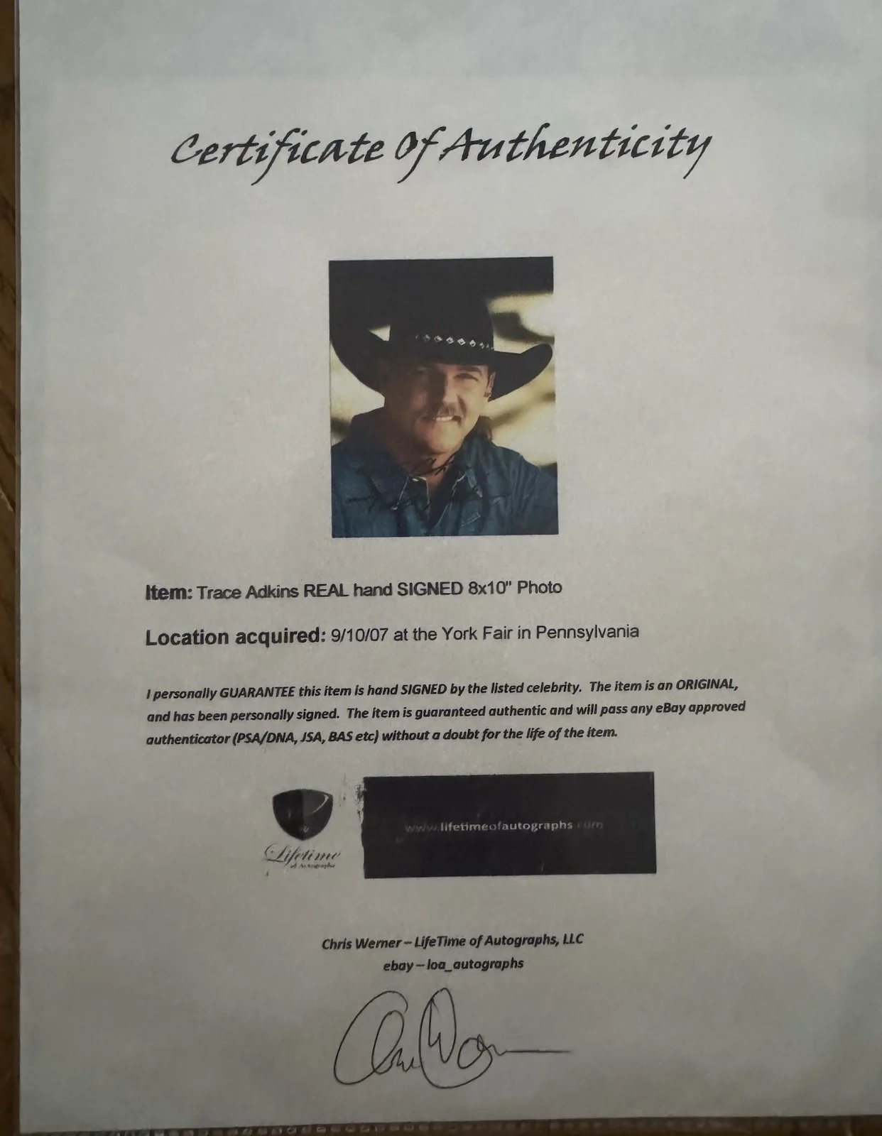 TRACE ADKINS ORIGINAL SIGNED 8X10 PHOTO FREE SHIPPING COA, изображение 2