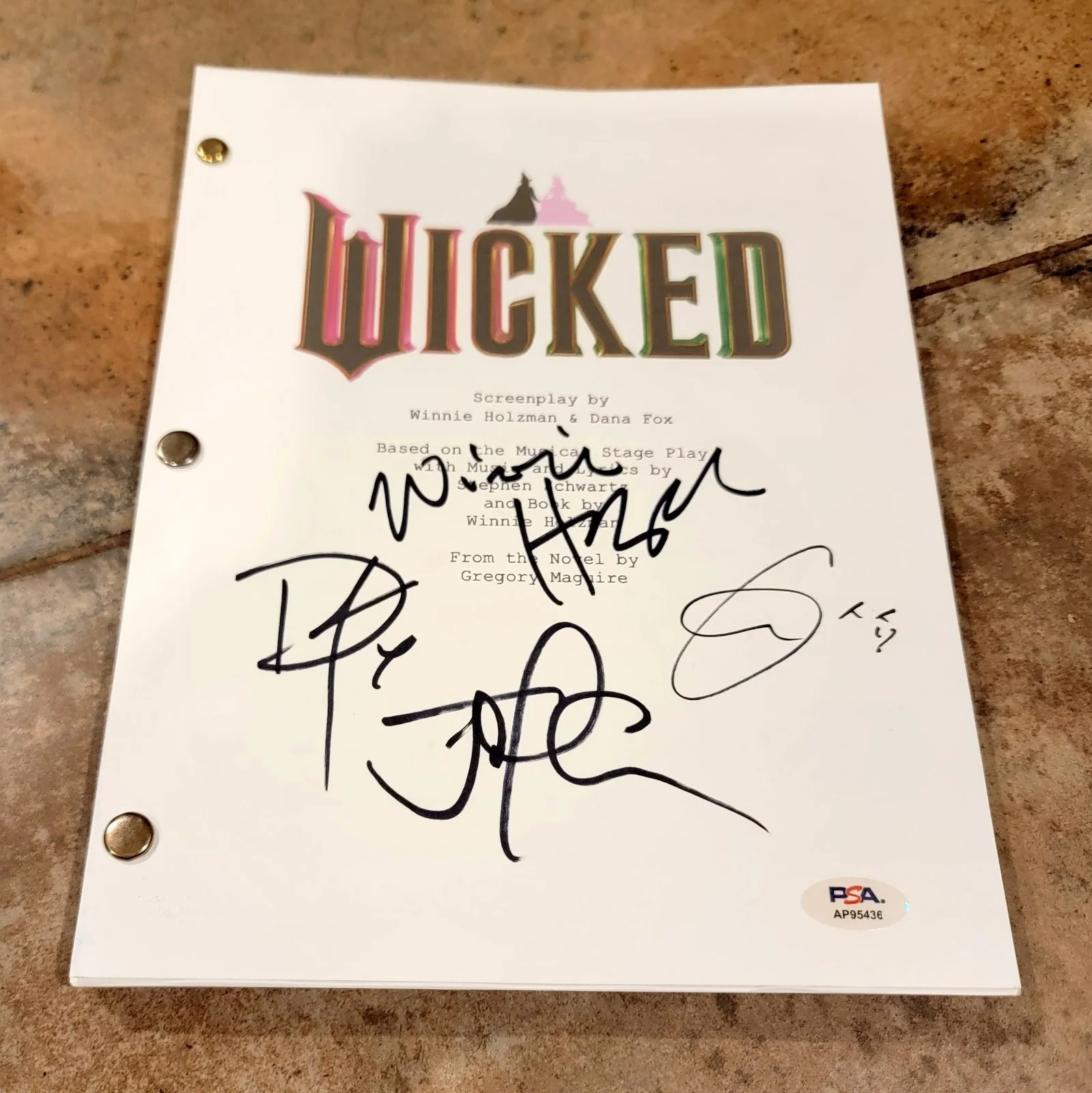 Jon M. Chu, Cynthia Erivo, Dana Fox, Winnie Holzman — Wicked cast 4X signed script full 124 pages PSA DNA Cynthia Erivo Winnie Holzman