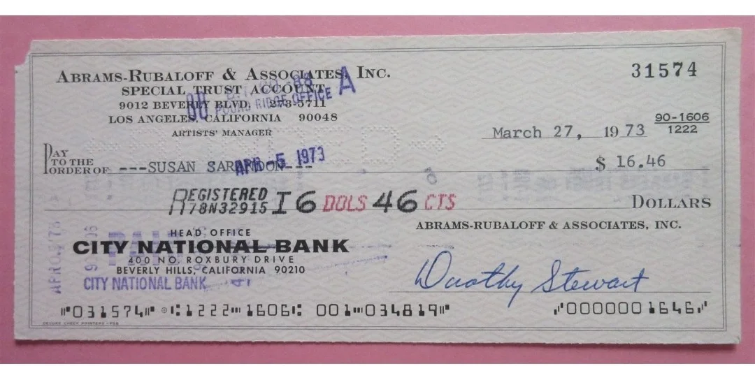 Susan Sarandon Enchanted Signed check Authentic, image 2