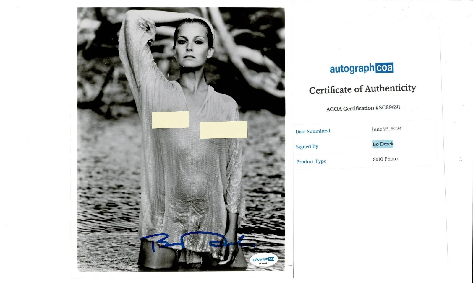 BO DEREK — BO DEREK SIGNED 8X10 PHOTO #3 "TARZAN, BOLERO, TEN 10" ACOA COA