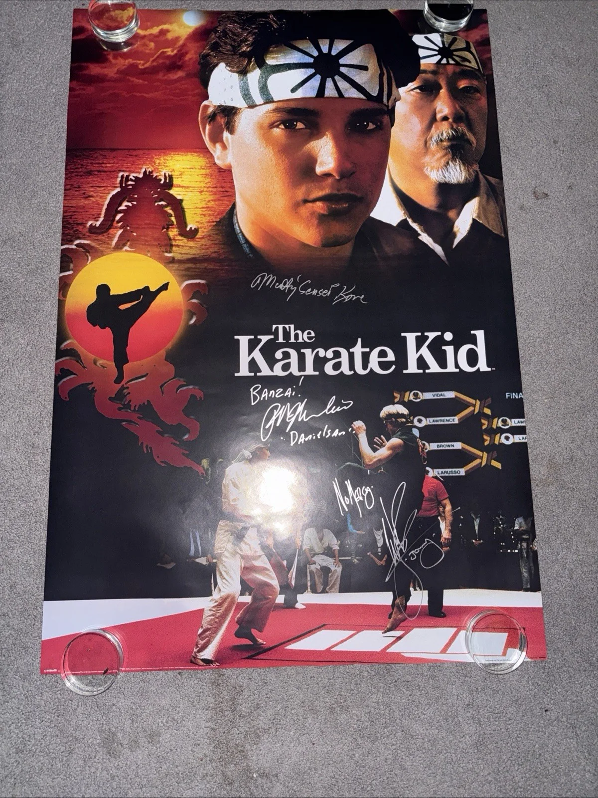 RALPH MACCHIO, WILLIAM ZABKA, MARTIN KOVE — RALPH MACCHIO WILLIAM ZABKA KOVE SIGNED THE KARATE KID 24X36 MOVIE POSTER