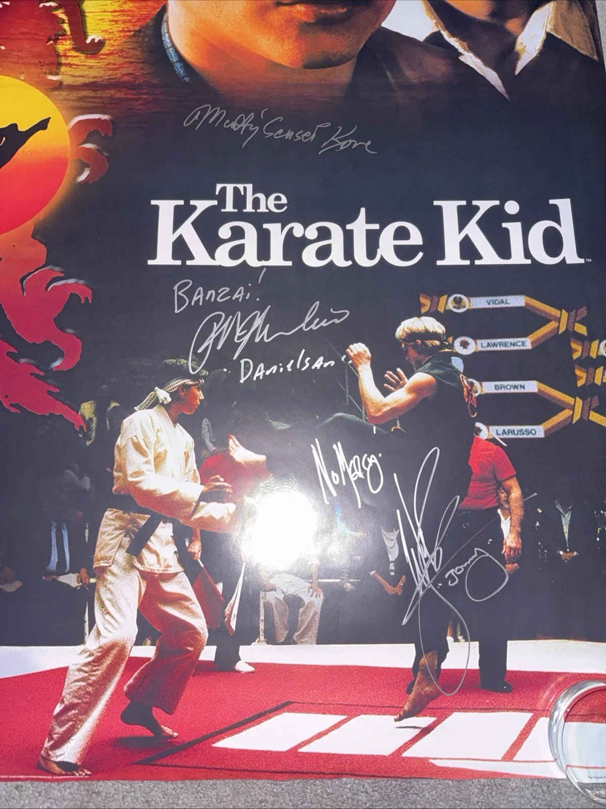 RALPH MACCHIO, WILLIAM ZABKA, MARTIN KOVE — RALPH MACCHIO WILLIAM ZABKA KOVE SIGNED THE KARATE KID 24X36 MOVIE POSTER, image 3