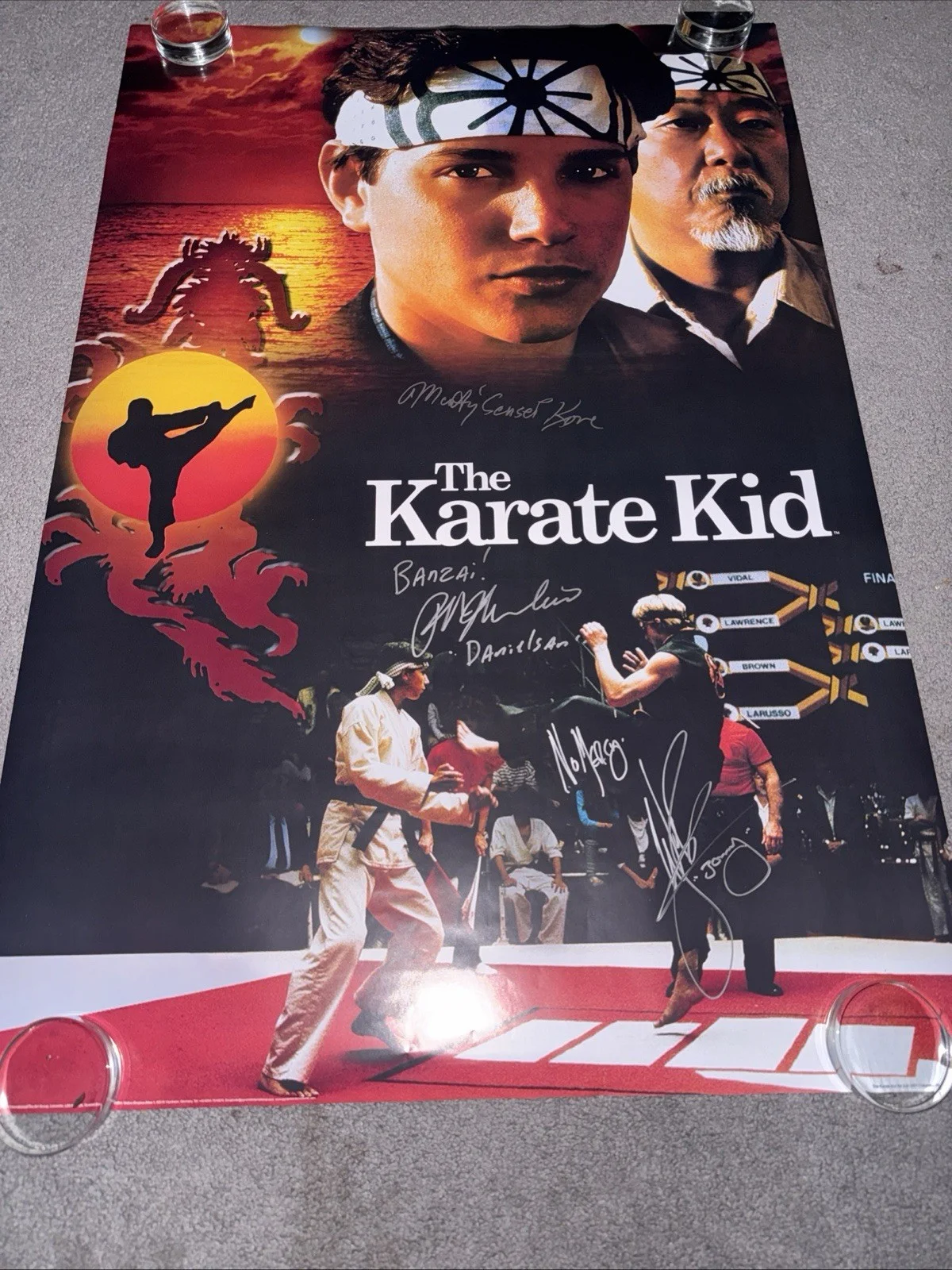 RALPH MACCHIO, WILLIAM ZABKA, MARTIN KOVE — RALPH MACCHIO WILLIAM ZABKA KOVE SIGNED THE KARATE KID 24X36 MOVIE POSTER, image 5
