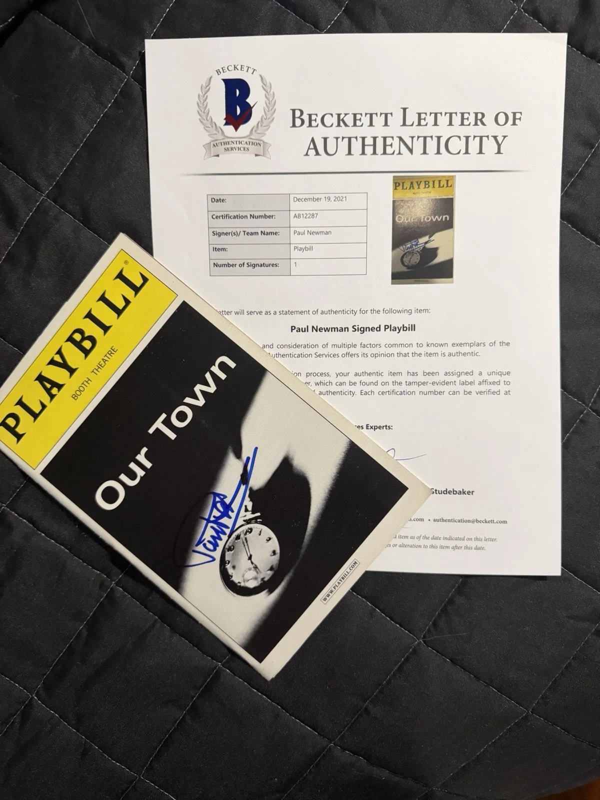 Paul Newman — PAUL NEWMAN PLAYBILL NICE AUTOGRAPH RARE 2002 OUR TOWN BECKETT-BSA Certified, изображение 4