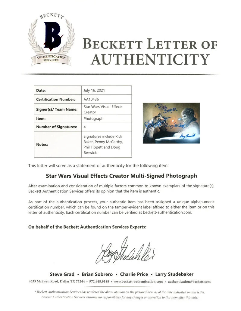 VFX CANTINA BAKER TIPPETT BESWICK +1 SIGNED 8x10 PHOTO ILM STAR WARS BECKETT BAS, image 2