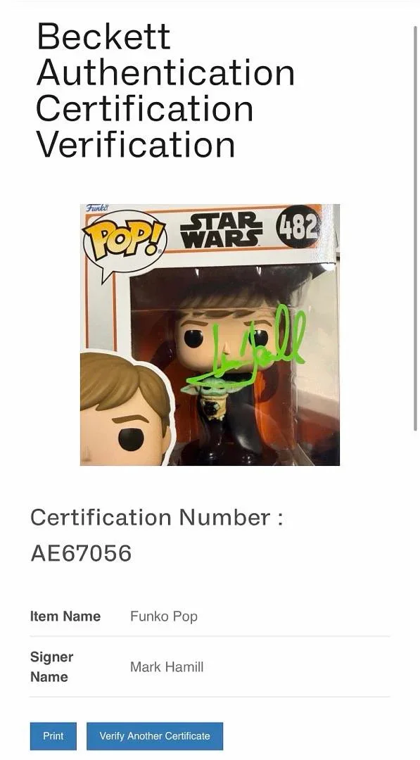 Mark Hamill Signed Funko#482 Luke Skywalker (Star Wars)-Beckett COA/Full Letter, image 3