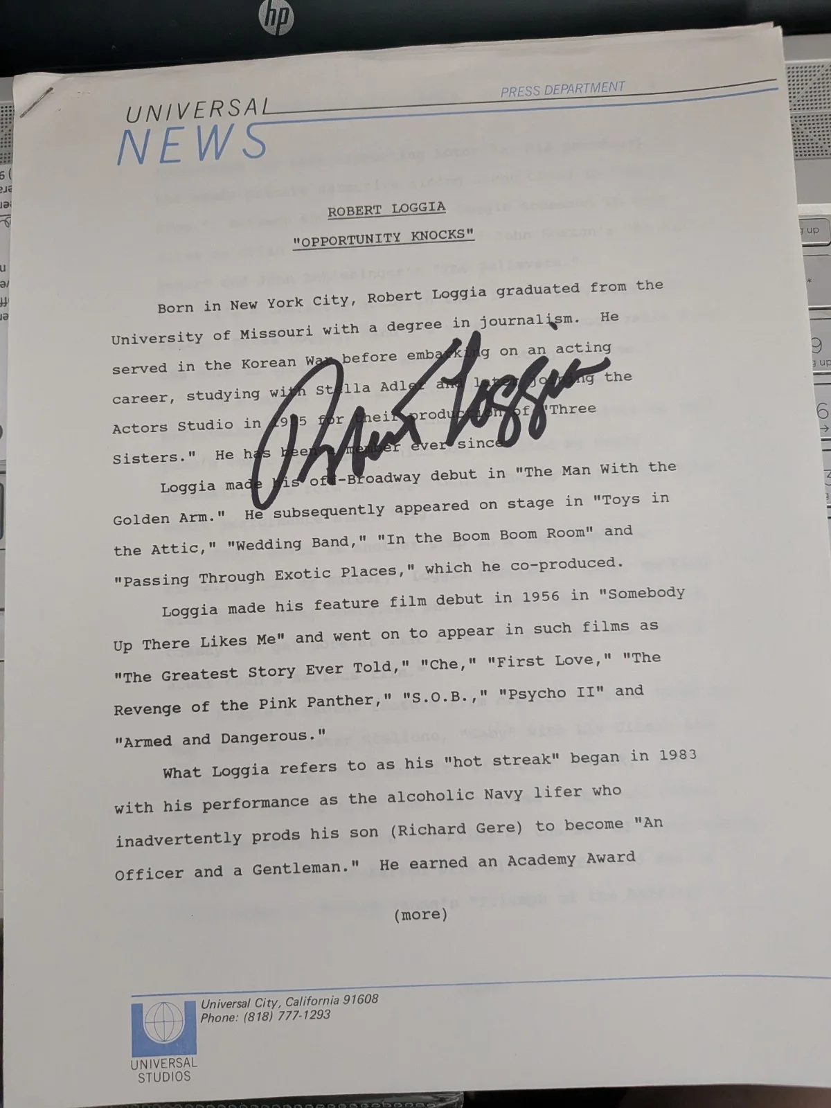 Robert Loggia — ROBERT LOGGIA Signed Press Release