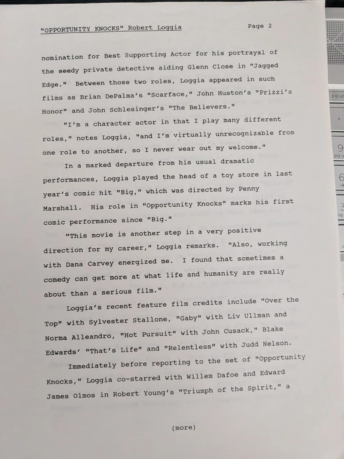 Robert Loggia — ROBERT LOGGIA Signed Press Release, изображение 2