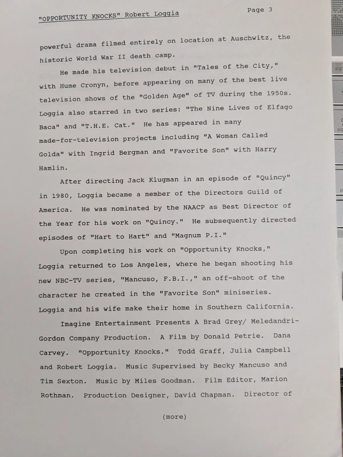 Robert Loggia — ROBERT LOGGIA Signed Press Release, изображение 3
